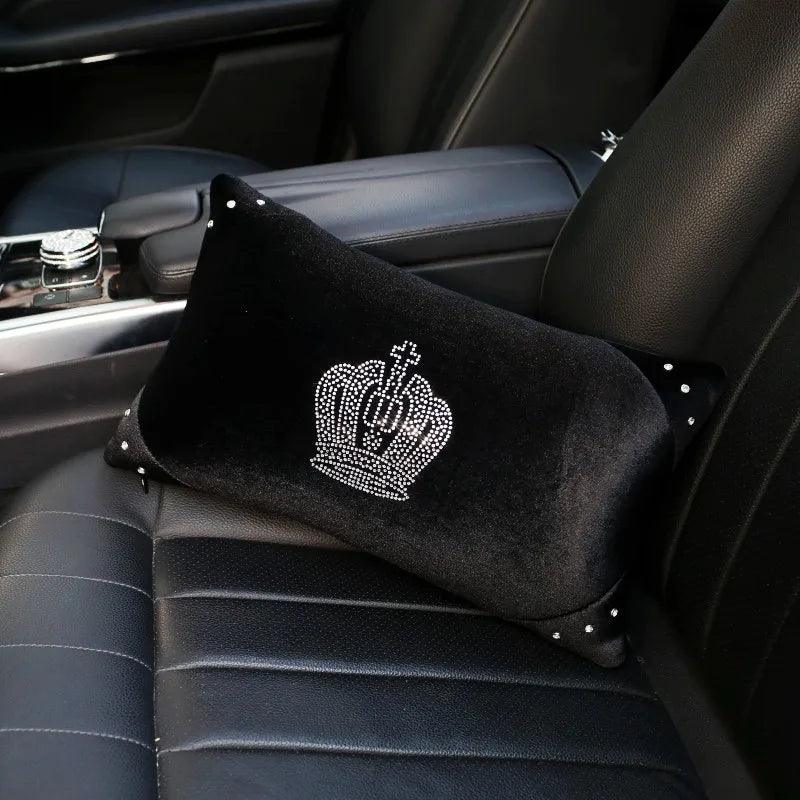 Black Plush Fur Diamond Crystal Crown Car Interior Accessory Set