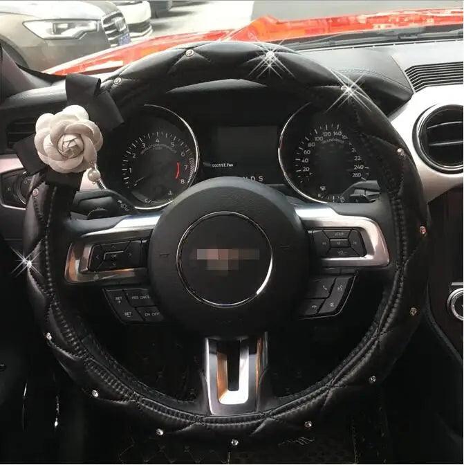 Crystal Rhinestone Leather Steering Wheel Cover Cartoon Flower Design