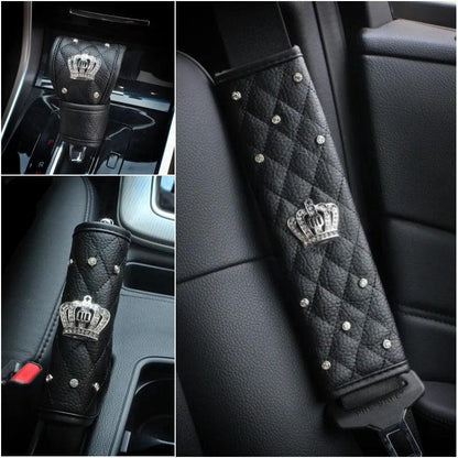 Diamond Crystal Car Seat Belt Pad + Gear Shifter Handbrake Cover Set