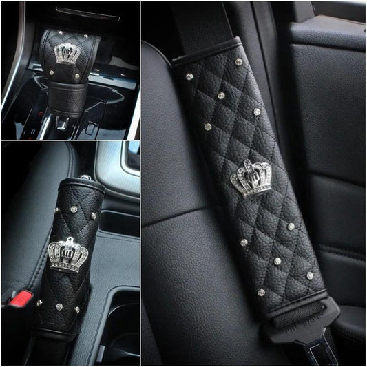 Diamond Crystal Car Seat Belt Pad + Gear Shifter Handbrake Cover Set