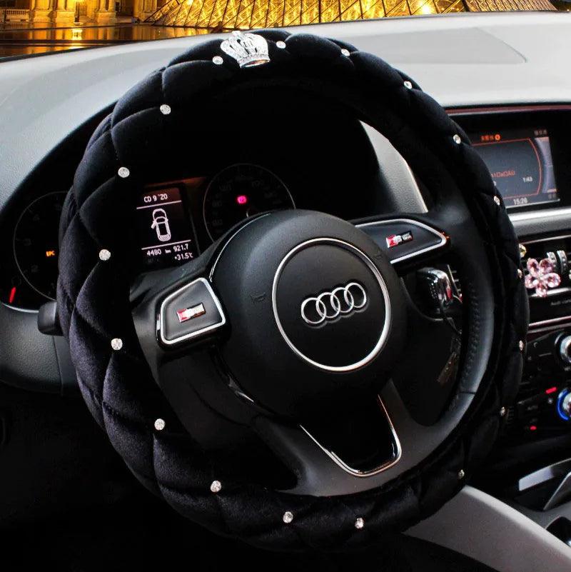 Black Plush Fur Diamond Crystal Crown Car Interior Accessory Set
