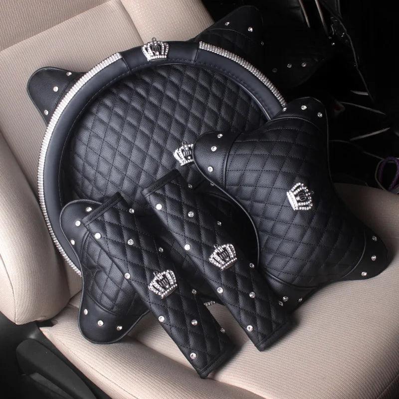 Rattrekk i PU-skinn Bling Rhinestone Krystall Krone Svart