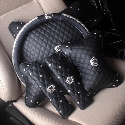 Rattrekk i PU-skinn Bling Rhinestone Krystall Krone Svart