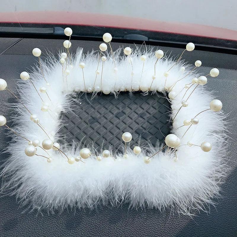 Luxury Pearl Beaded Anti-Slip Dashboard Mat Silicone Car Phone Holder