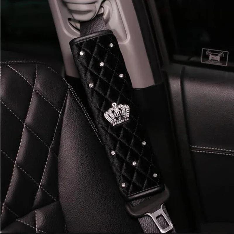 Bling Rhinestone Crown Car Seat Belt Covers - Black Pink Crystal Plush