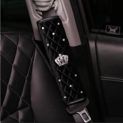 Bling Rhinestone Crown Car Seat Belt Covers - Black Pink Crystal Plush