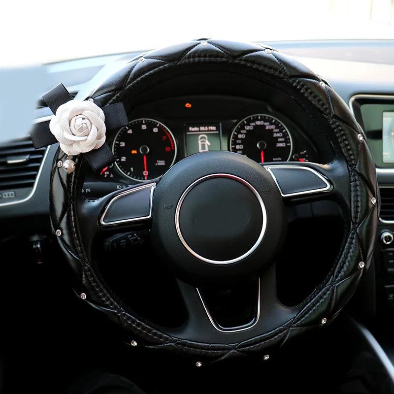 Crystal Rhinestone Leather Steering Wheel Cover Cartoon Flower Design