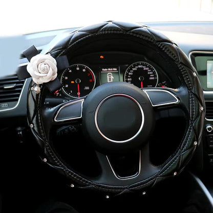 Crystal Rhinestone Leather Steering Wheel Cover Cartoon Flower Design