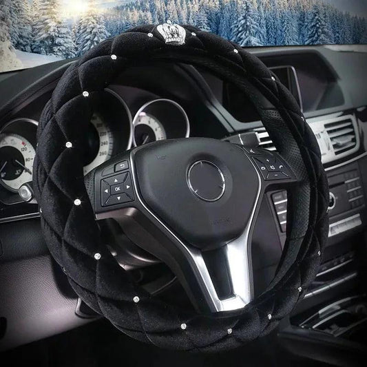 Diamond Crown Plush Steering Wheel Cover Winter Fur Auto Accessory