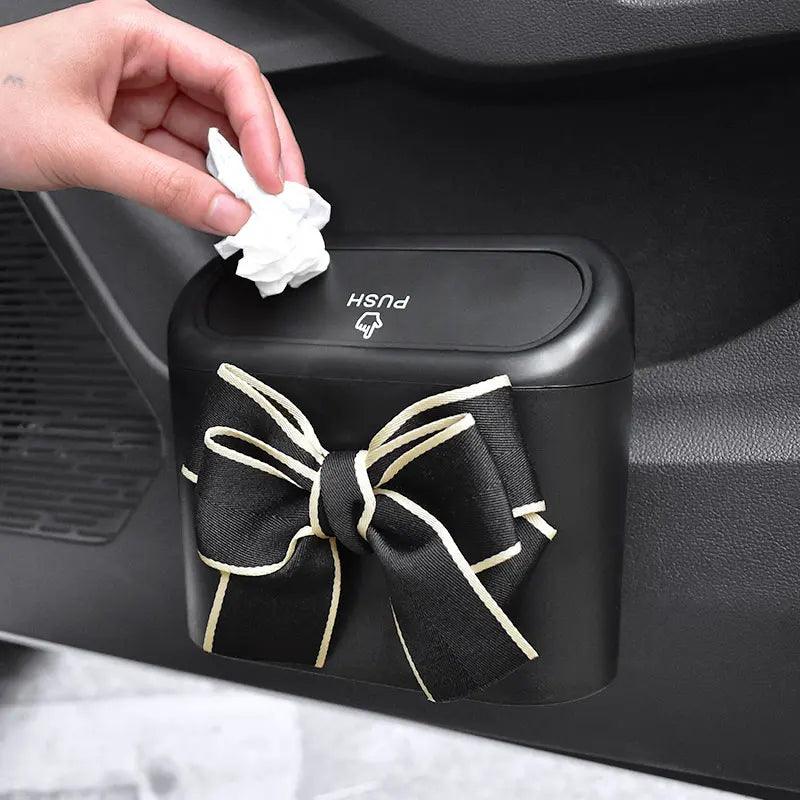 Hanging Car Trash Bin with Bowknot Design - Auto Organizer Storage