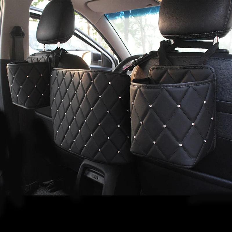 Crystal Rhinestone PU Leather Car Backseat Storage Organizer