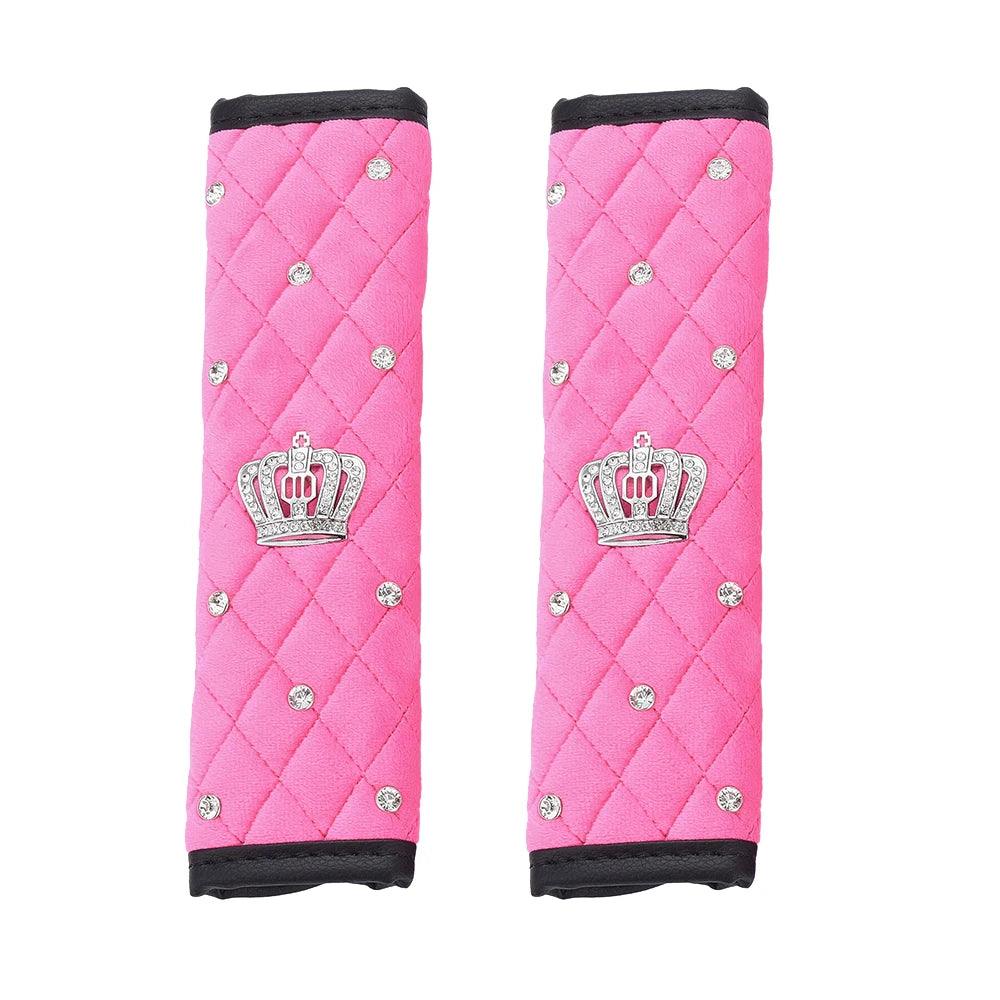 Bling Rhinestone Crown Car Seat Belt Covers - Black Pink Crystal Plush