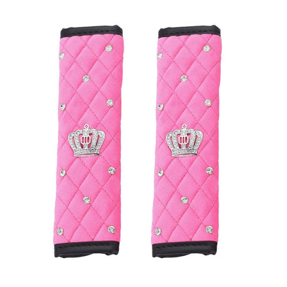 Bling Rhinestone Crown Car Seat Belt Covers - Black Pink Crystal Plush