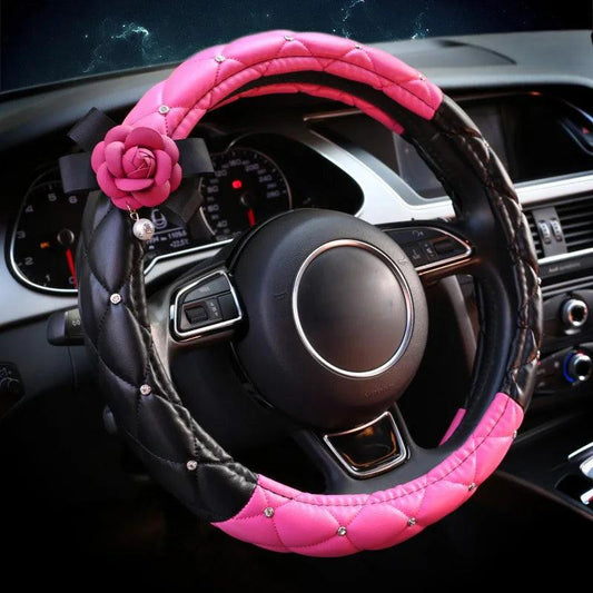 Crystal Rhinestone Leather Steering Wheel Cover Cartoon Flower Design