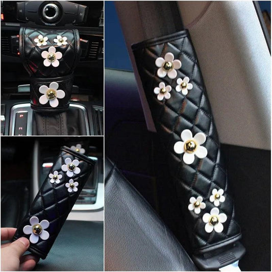Daisy Flower Leather Car Seat Belt Handbrake Gear Shift Cover Set