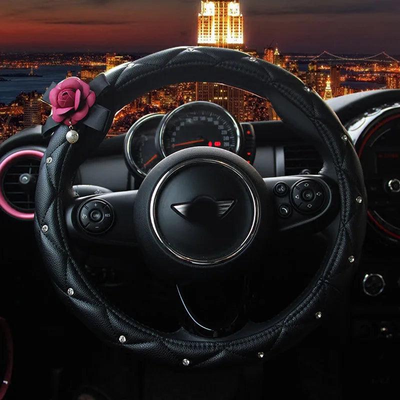 Crystal Rhinestone Leather Steering Wheel Cover Cartoon Flower Design