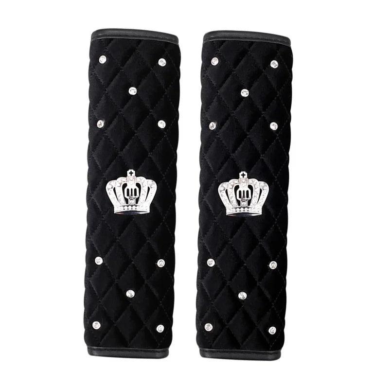 Bling Rhinestone Crown Car Seat Belt Covers - Black Pink Crystal Plush