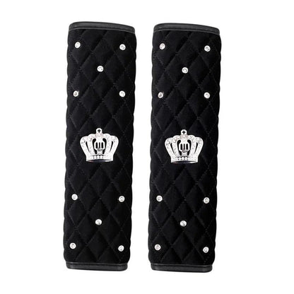 Bling Rhinestone Crown Car Seat Belt Covers - Black Pink Crystal Plush