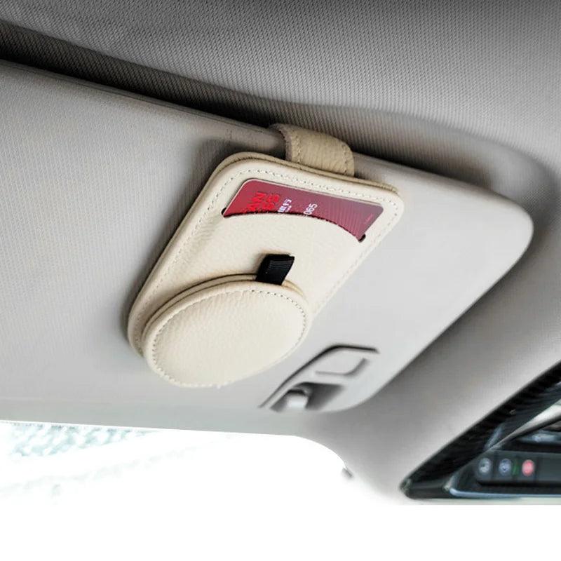 Genuine Leather Car Sun Visor Sunglasses Holder with Card Clamp