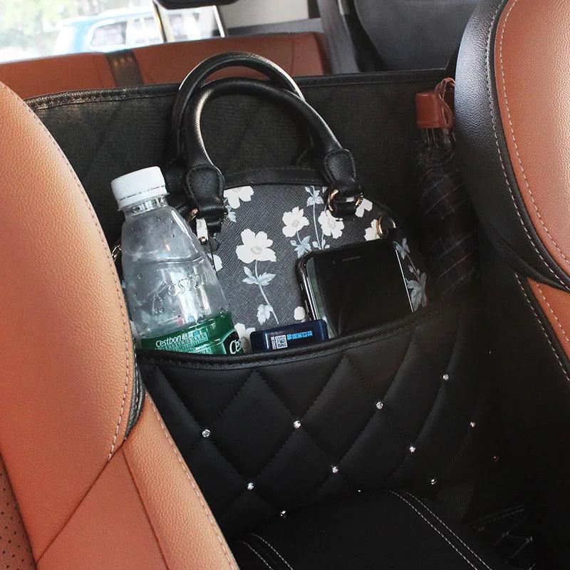 Crystal Rhinestone PU Leather Car Backseat Storage Organizer