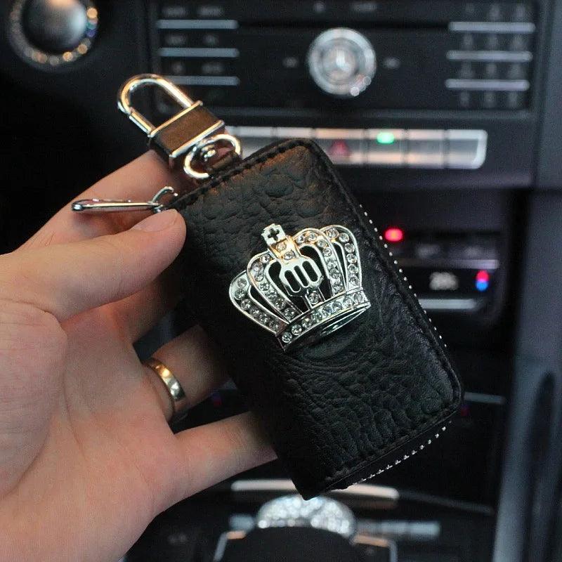 Rattrekk i PU-skinn Bling Rhinestone Krystall Krone Svart