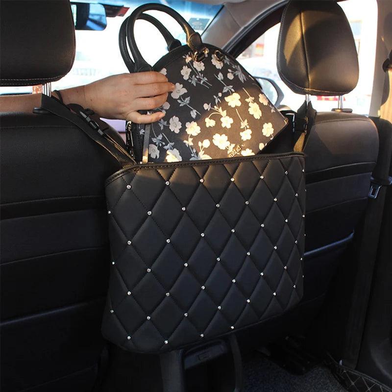 Crystal Rhinestone PU Leather Car Backseat Storage Organizer