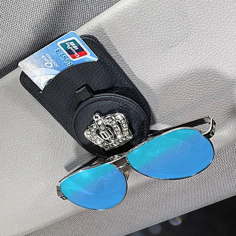 Genuine Leather Car Sun Visor Sunglasses Holder with Card Clamp
