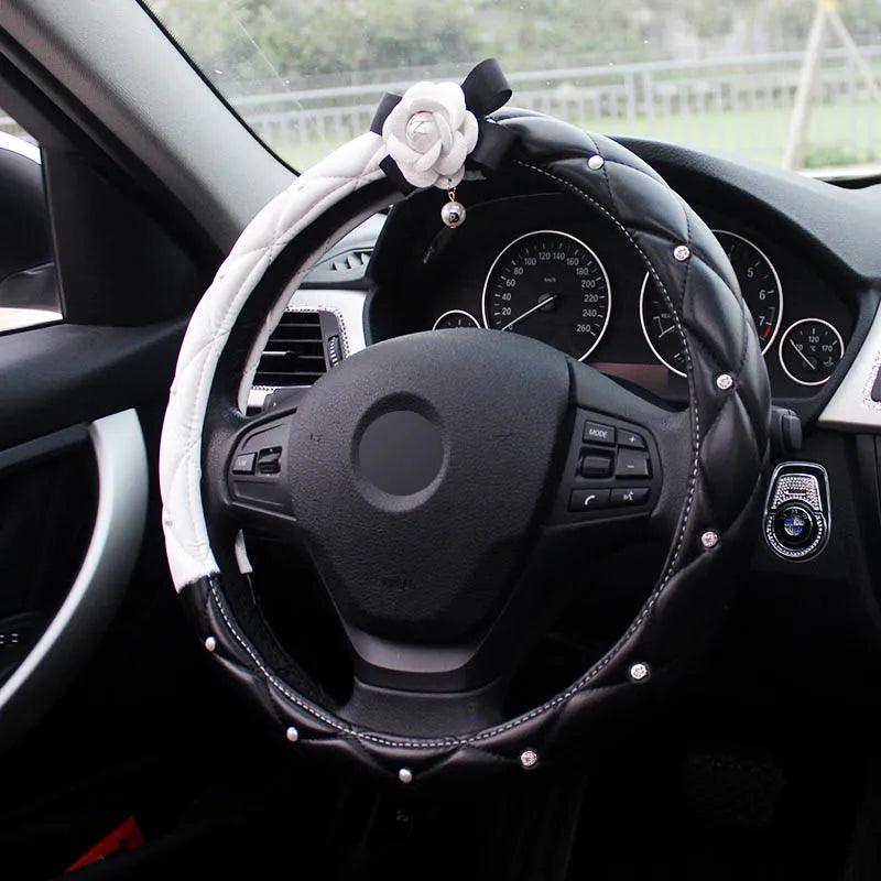 Crystal Rhinestone Leather Steering Wheel Cover Cartoon Flower Design