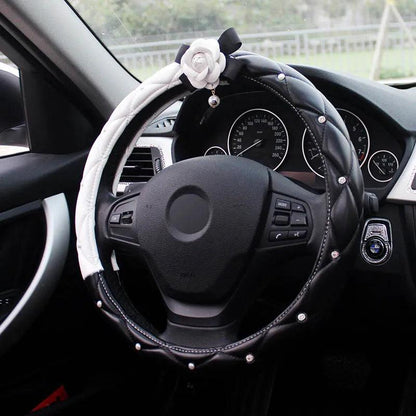 Crystal Rhinestone Leather Steering Wheel Cover Cartoon Flower Design