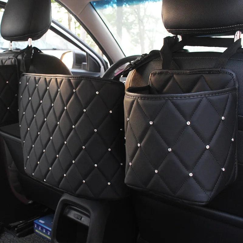 Crystal Rhinestone PU Leather Car Backseat Storage Organizer