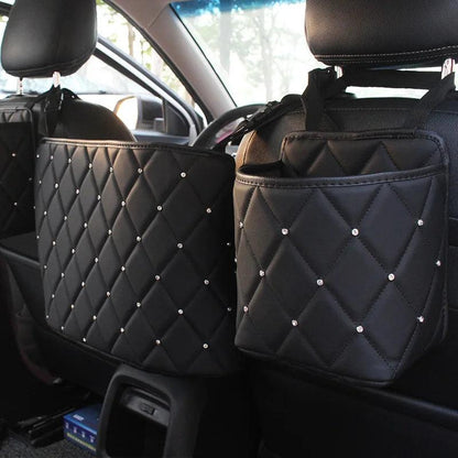 Crystal Rhinestone PU Leather Car Backseat Storage Organizer
