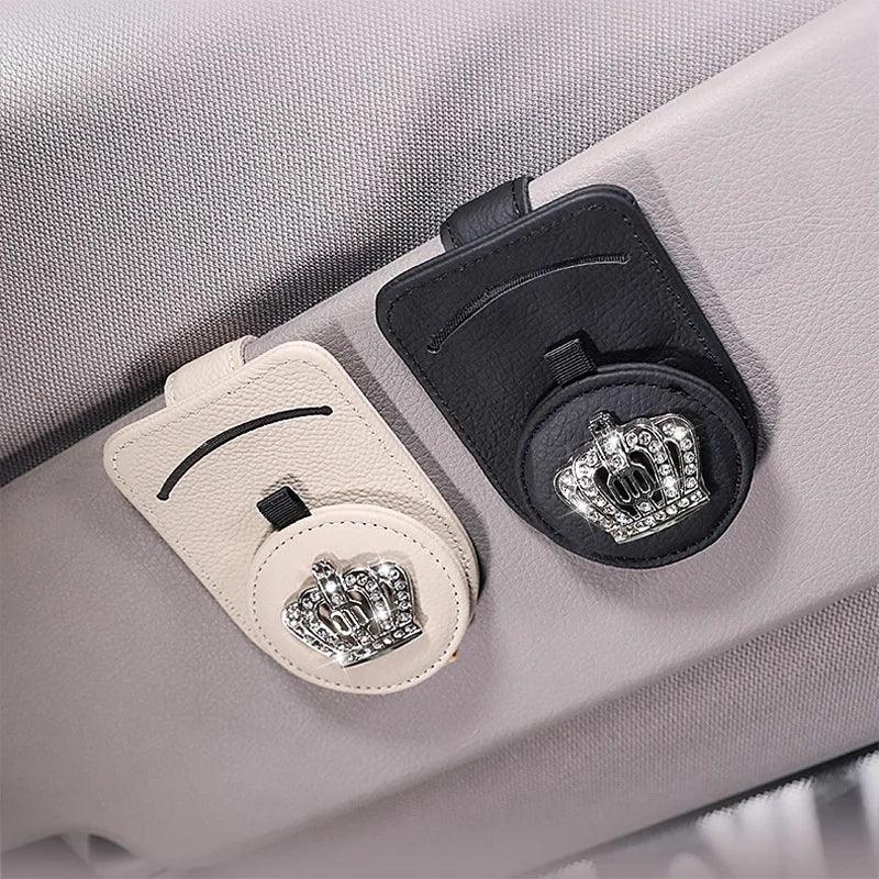 Genuine Leather Car Sun Visor Sunglasses Holder with Card Clamp