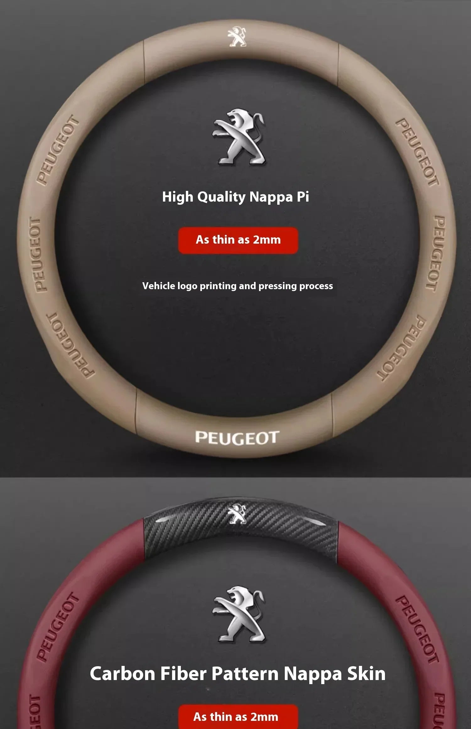 Peugeot Carbon Fiber Leather Steering Wheel Cover - Red Leather