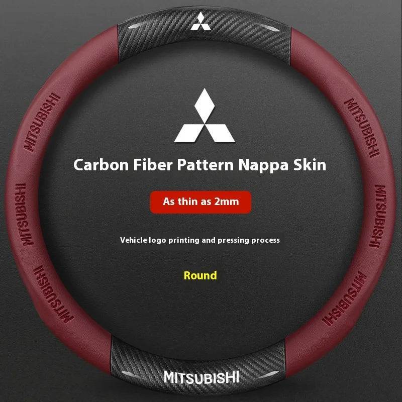 Mitsubishi Carbon Fiber Leather Steering Wheel Cover for Outlander, Pajero, ASX, Colt, Lancer EX, Evolution, L200, Triton, RALLIART - Black