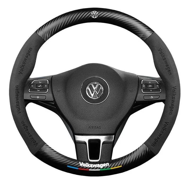 Volkswagen Logo Leather Steering Wheel Cover for – Fits Golf 7, Polo, Passat B8, Tiguan, Jetta & More - O-Blue
