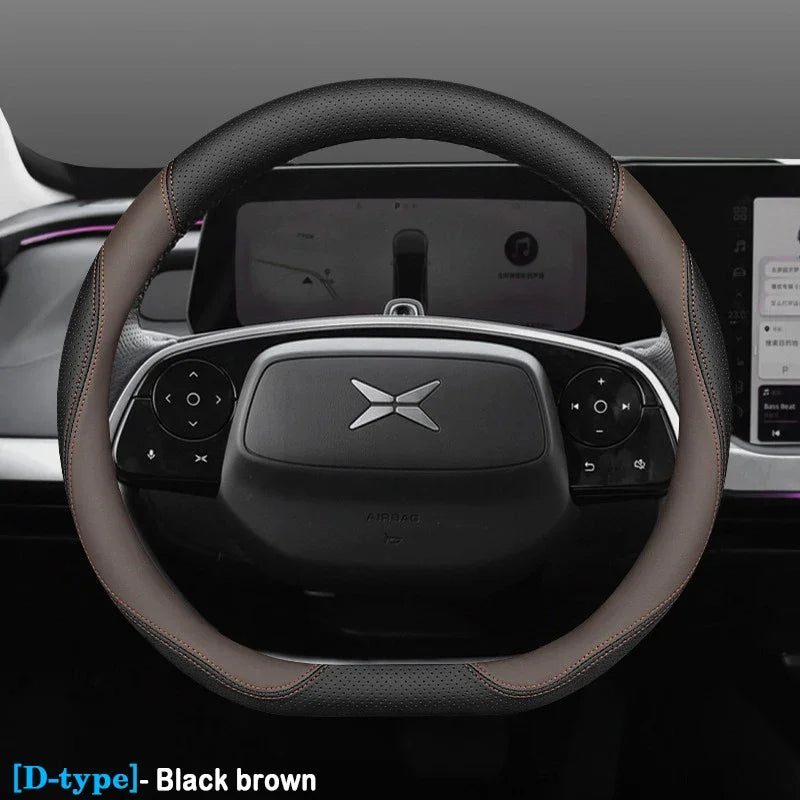 XPeng Ultra-Thin Leather Steering Wheel Cover - D Shape / Black & Brown