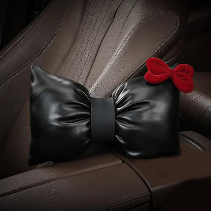 Red Bow PU Leather Car Neck Pillow - Headrest Support Cushion