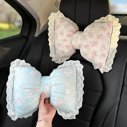 Bowknot Car Headrest Pillow Plush Neck Support Cushion Auto Seat