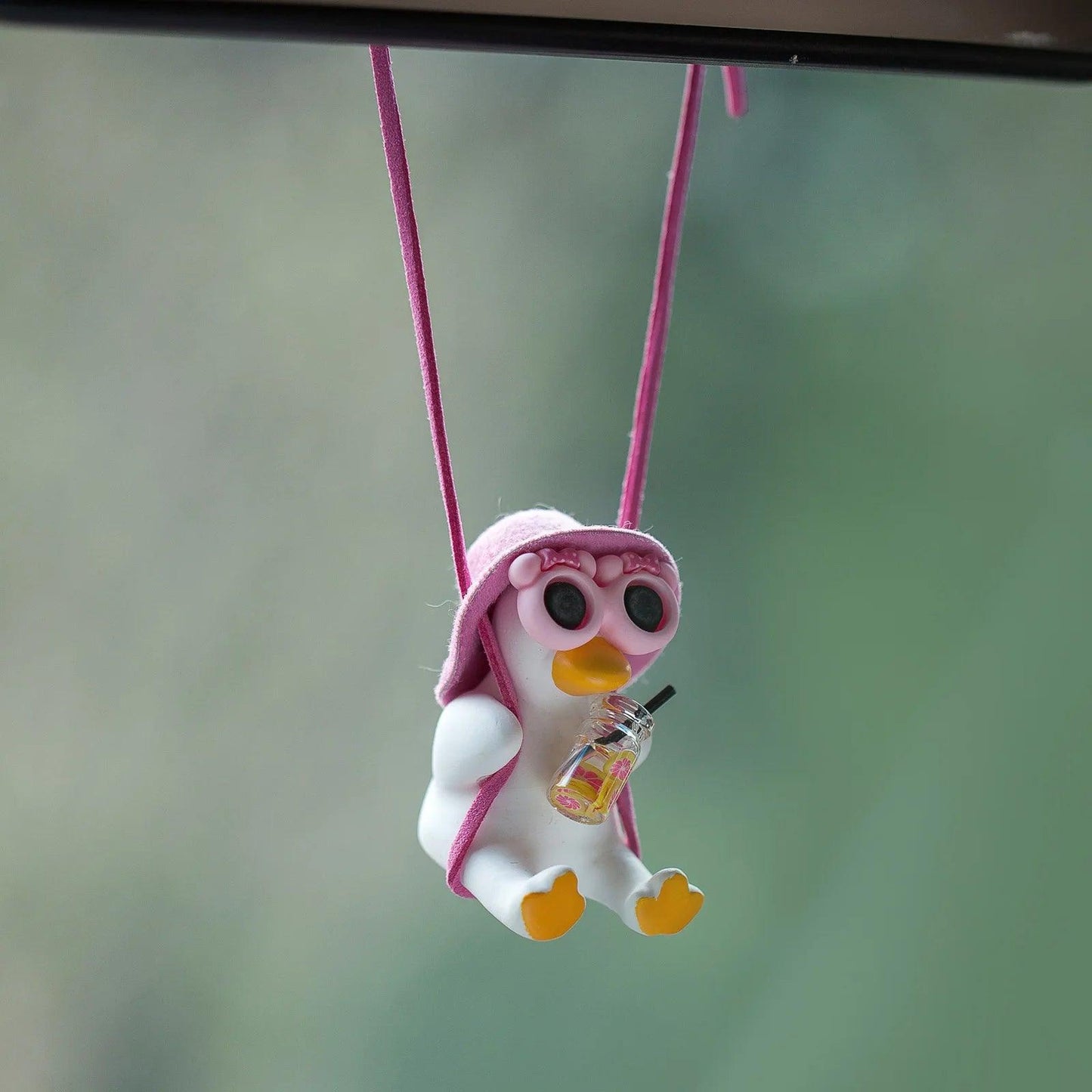 Pink Anime Duck Car Mirror Pendant - Cute Swing Ornament Auto Decor