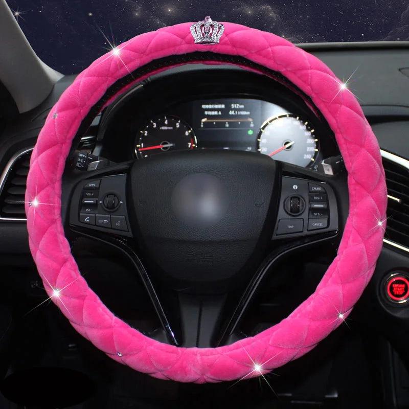 Diamond Crown Plush Steering Wheel Cover Winter Fur Auto Accessory