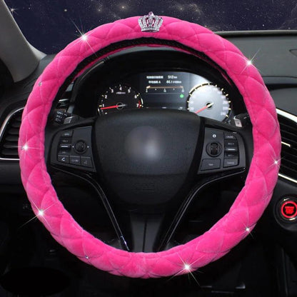 Diamond Crown Plush Steering Wheel Cover Winter Fur Auto Accessory