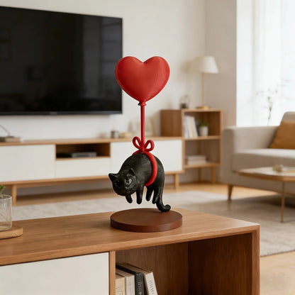 Floating Cat Statue With Heart Balloon Desk Ornament Gift