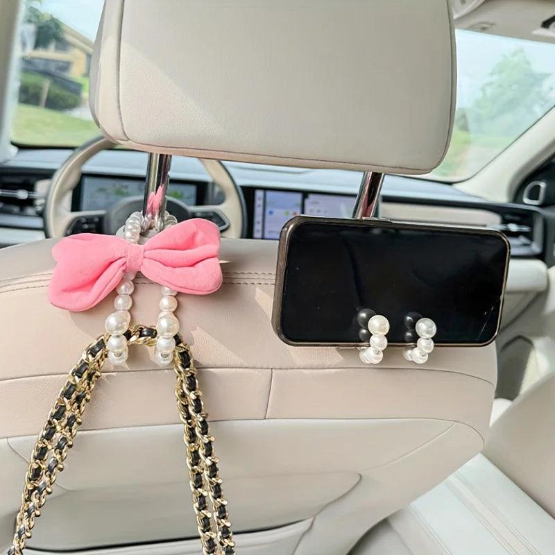2PCS White Pearl Bow Car Headrest Hooks