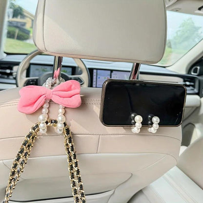2PCS White Pearl Bow Car Headrest Hooks