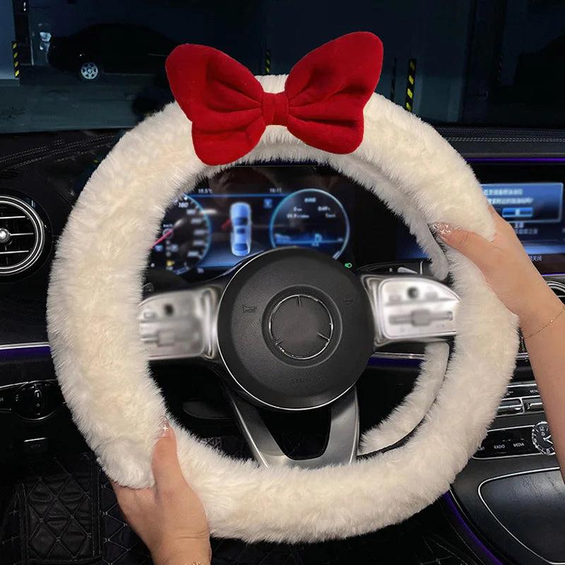 Universal Plush Car Steering Wheel Cover Red Bow Cute Cartoon