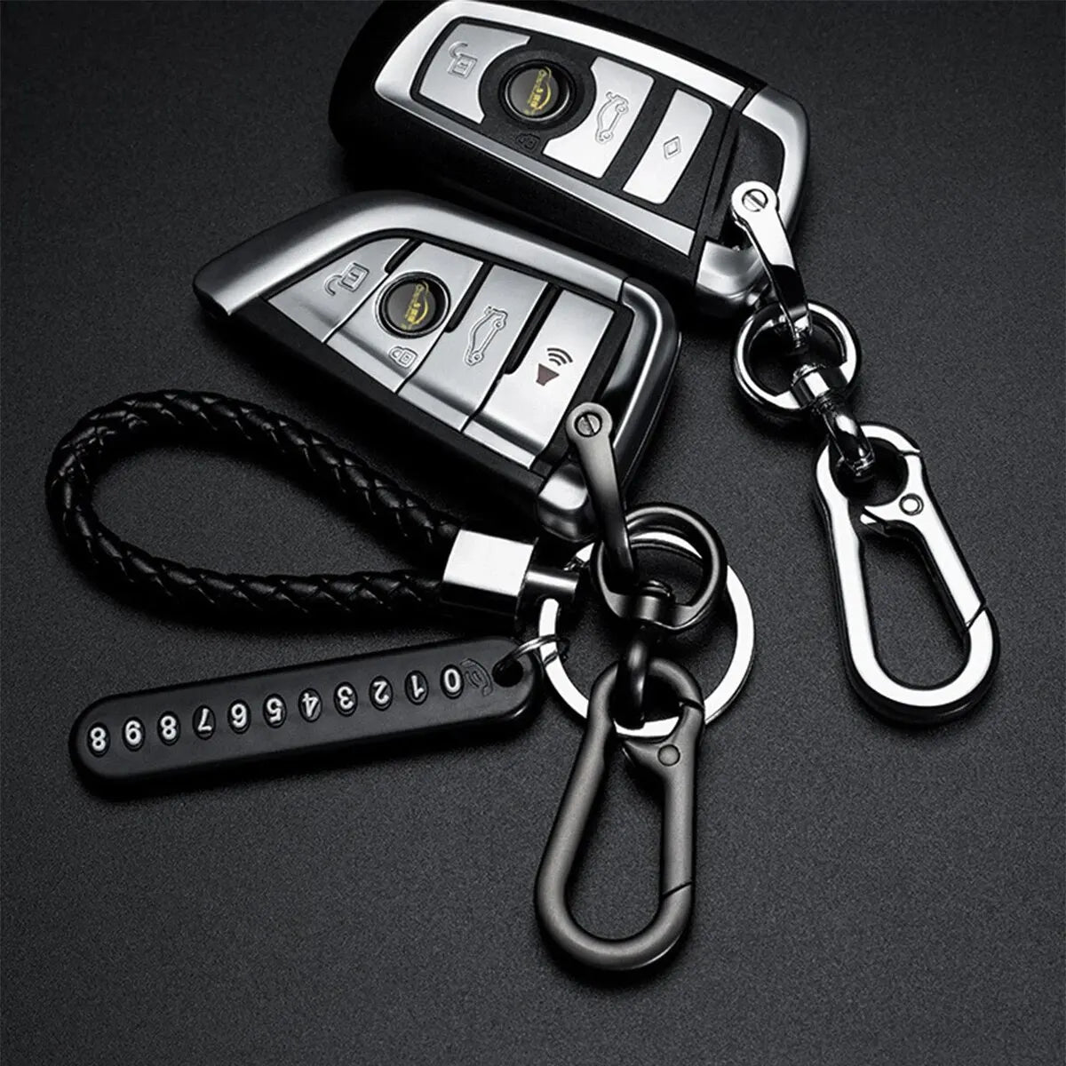 Woven Leather Keychain with Parking Phone Number Plate