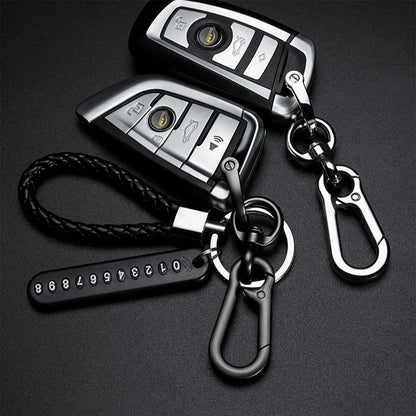 Woven Leather Keychain with Parking Phone Number Plate