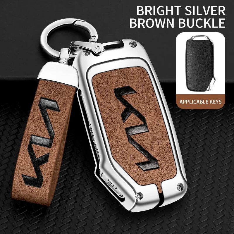 KIA Leather Alloy Remote Key Case Cover - E-silver brown chain