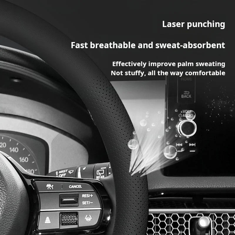 Nappa Leather Steering Wheel Cover | Ultra-Thin, Non-Slip, All-Season Fit - Round black