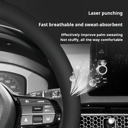 Nappa Leather Steering Wheel Cover | Ultra-Thin, Non-Slip, All-Season Fit - Round black